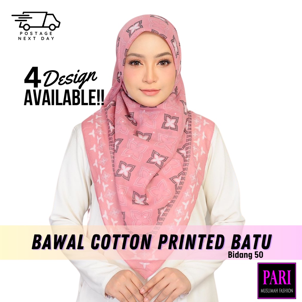 BAWAL COTTON PRINTED BATU TABUR BIDANG 50. TUDUNG BAWAL LABUH ...