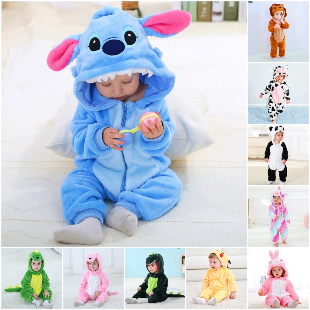 Baby Kigurumi Stitch Lion Cow Panda Dinosaur Cartoon Romper infant Kids ...