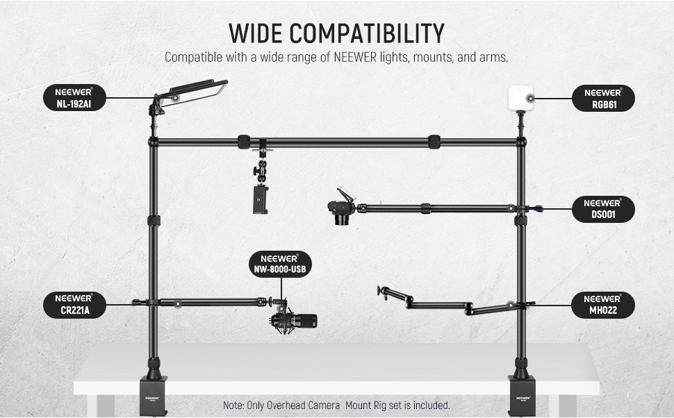 Neewer Overhead Camera Mount-arm – 56 Cm, 180° & 360° Verstelbaar, 2 Secties, Max. 2,5 Kg, Voor Bureausteun, Met Telefoonclip