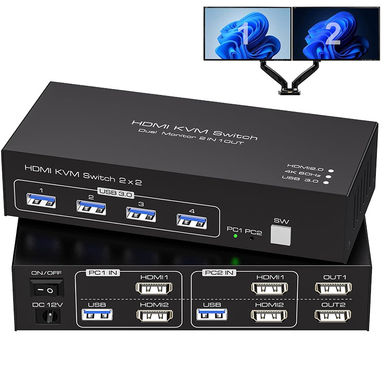 4K@60Hz USB 3.0 Dual Monitor HDMI KVM Switch 2x2 Extended Display HDMI ...