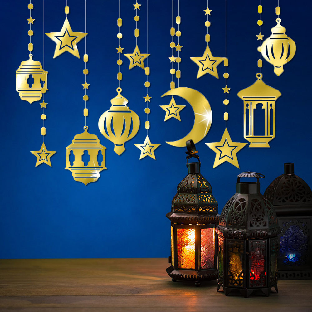 EID Mubarak Banner Glitter Gold Moon Star Paper Bunting Garland Islamic ...