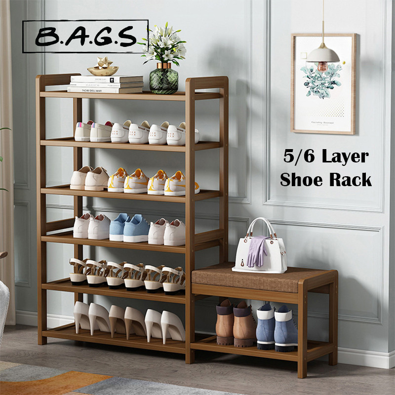 THEBAGS 5/6 Layer 100cm Retro Bamboo Solid Wood Shoe Rack Multipurpose ...