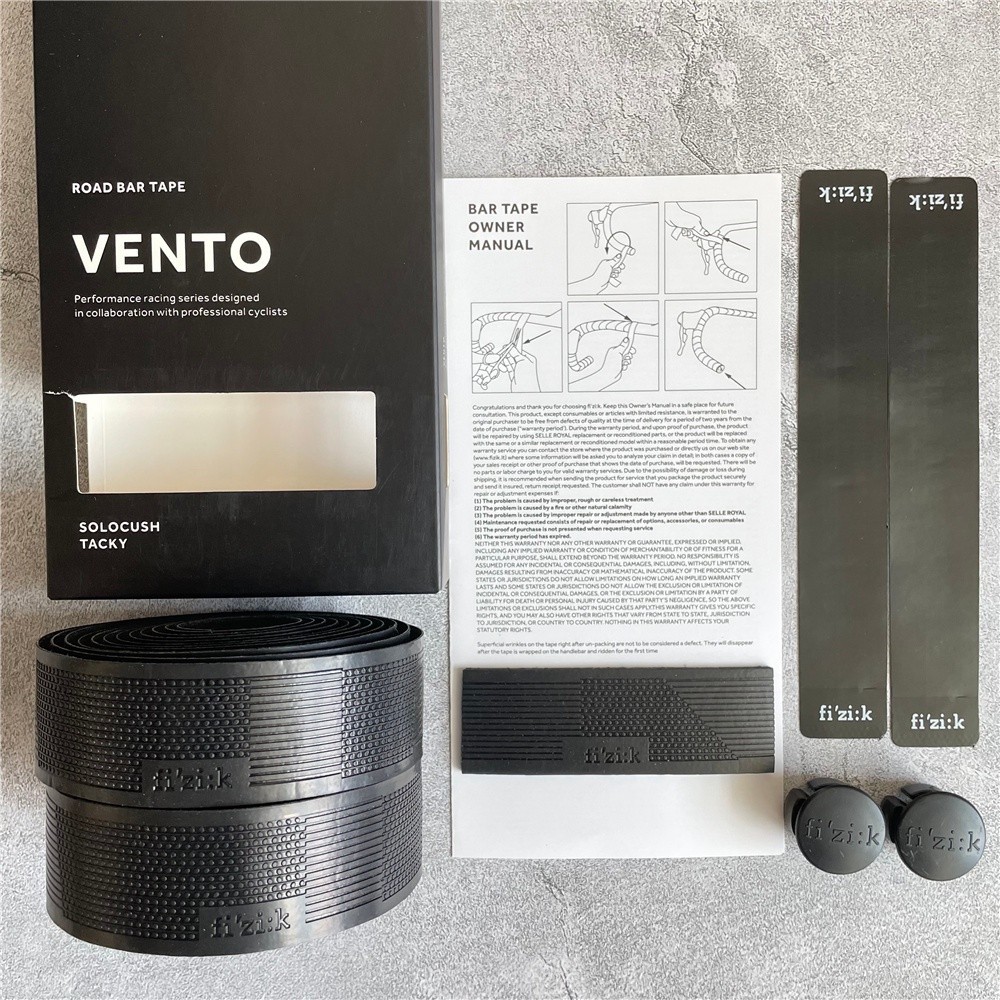 Fizik Vento 2.7mm Solocush Handlebar Tape – Tacky Rubber Grip For Road & Mountain Bikes (Black, With Bar Ends)