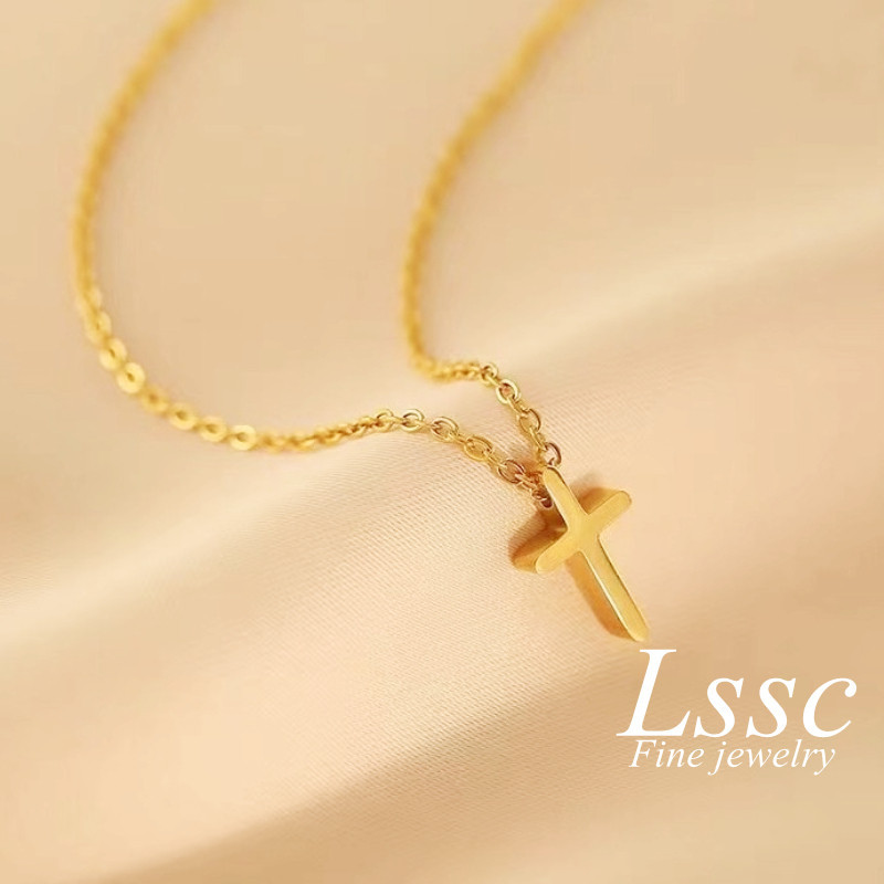 Cross Rantai Leher Perempuan 18k Gold Minimalist Mini Necklace for