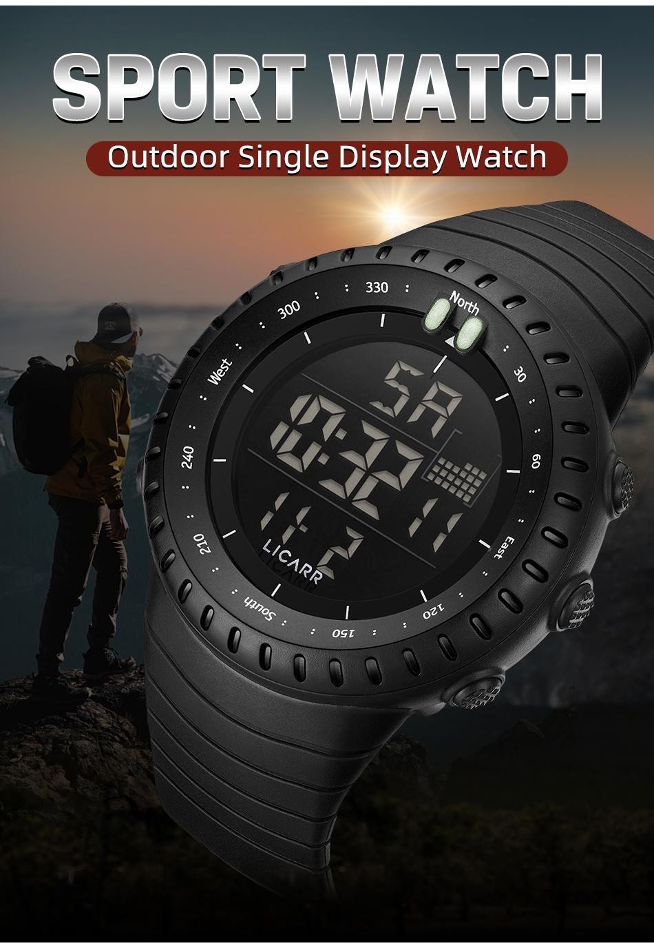 LICARR Brand Original Men's Watch Stopwatch Fashion Sports Light