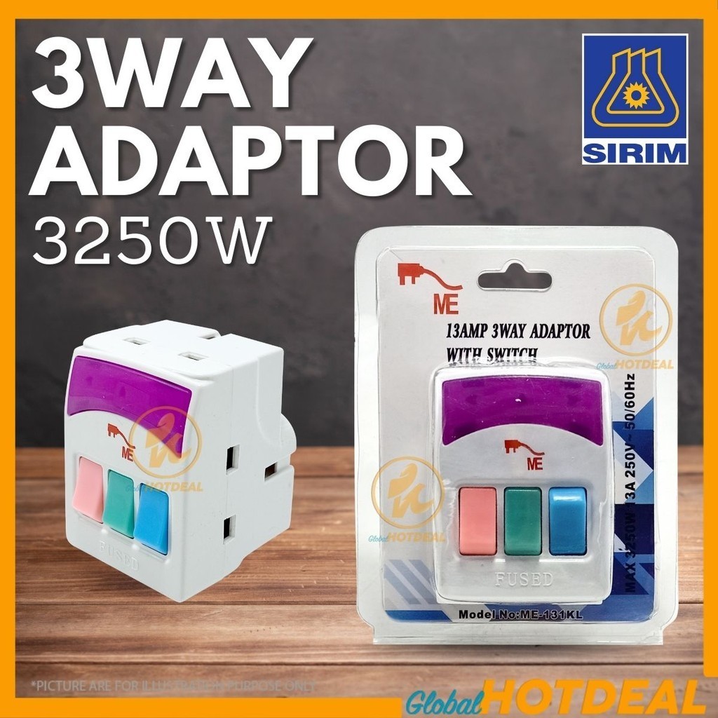 SIRIM 3 Way Adaptor Switch Socket 3250W 13A Fuse Adaptor Plug Extension ...