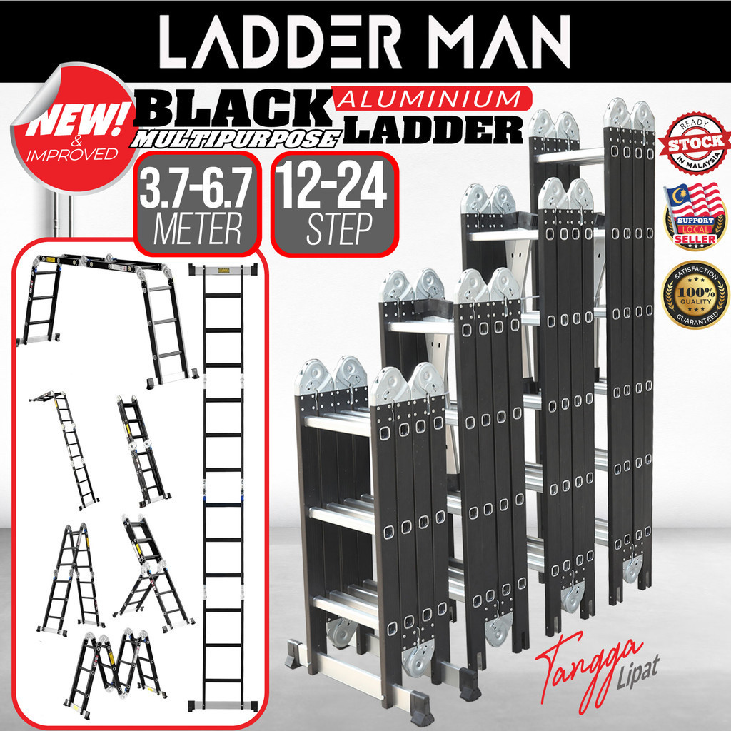 12 - 24 STEP ( 3.7M - 6.7M ) Black Aluminium Multipurpose Ladder ...
