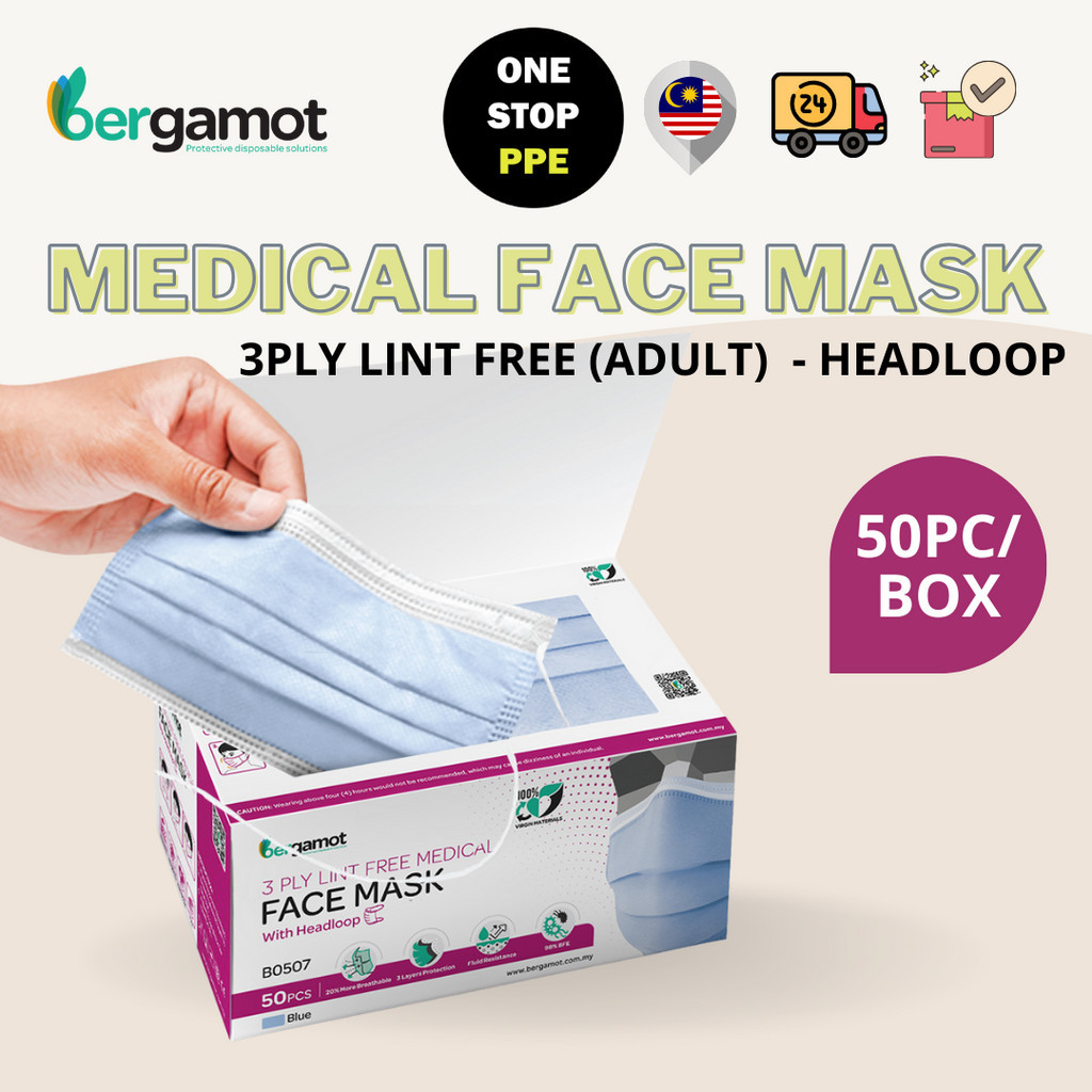 Bergamot 3-Ply Medical Face Mask Headloop Disposable Mask 50pcs ...