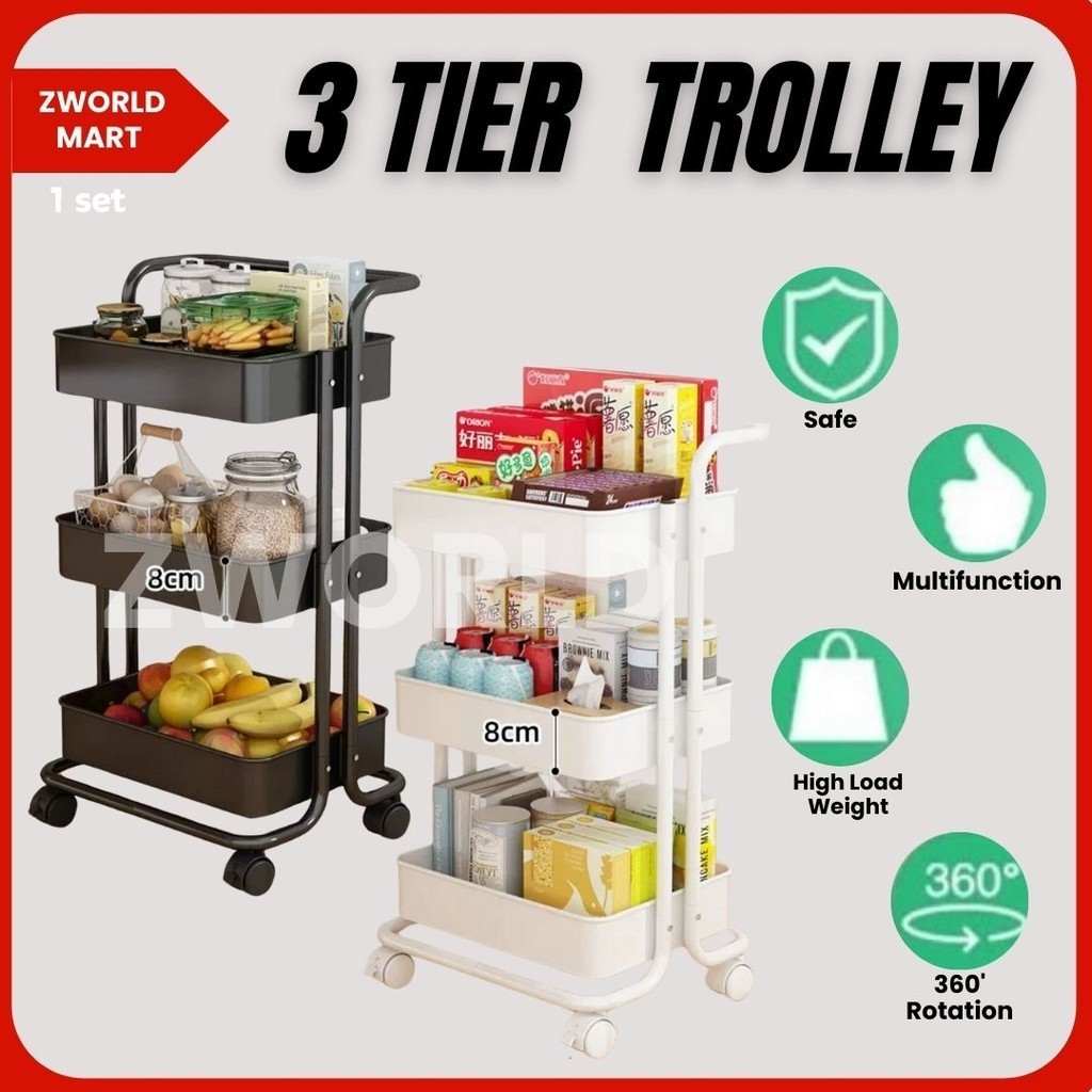 3 Tier Multipurpose Trolley Storage Rack Office Shelves Kitchen Rack ...