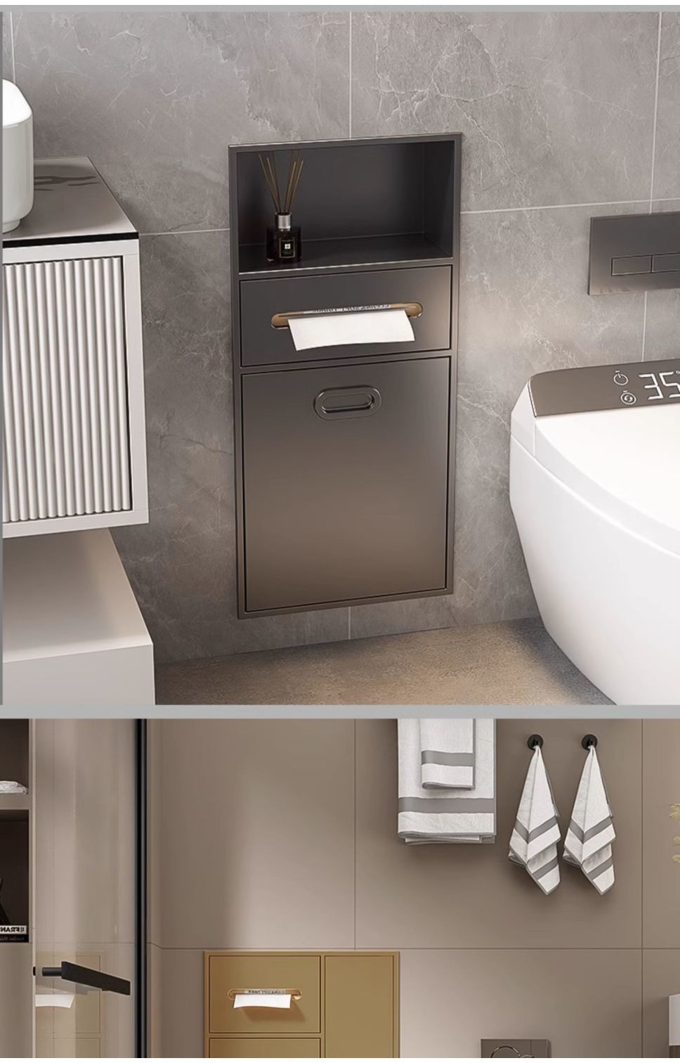 304 Stainless Steel Bathroom Niche – Hidden Trash Can, Toilet Roll Holder & Brush Rack Combo Unit