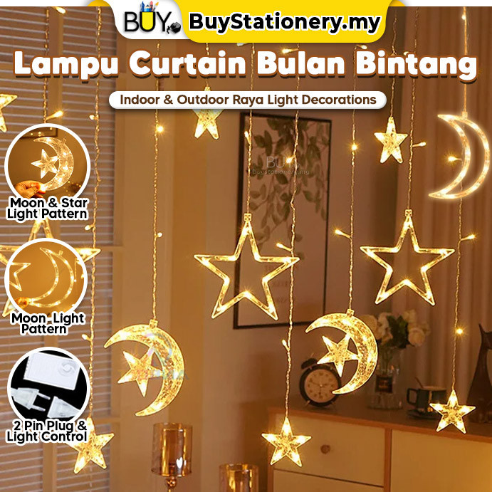 2024 Lampu Raya Curtain Light 3.5M Bulan Bintang 8 Modes LED Lamp