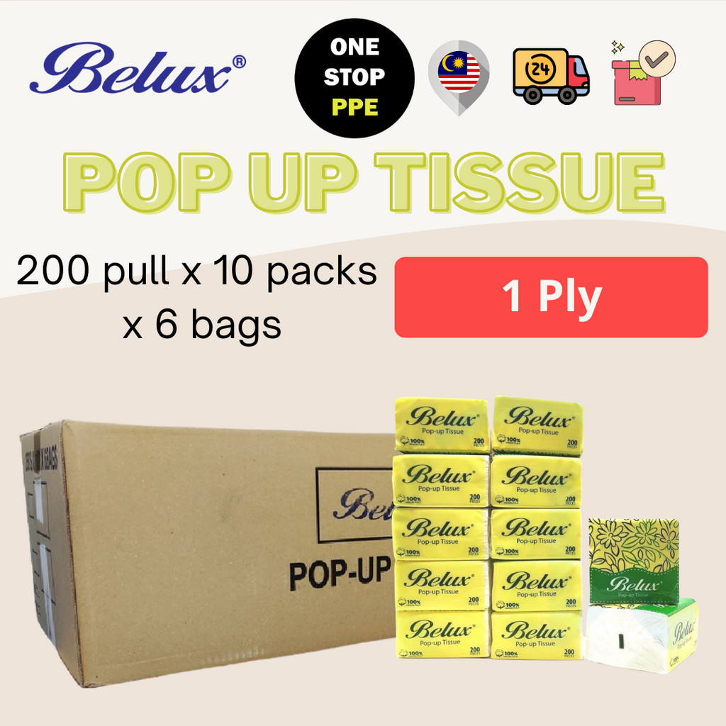 [OneStopPPE] BELUX POP UP TISSUE 1PLY 200 PULLS - 10 PACKS X 6 BAGS ...