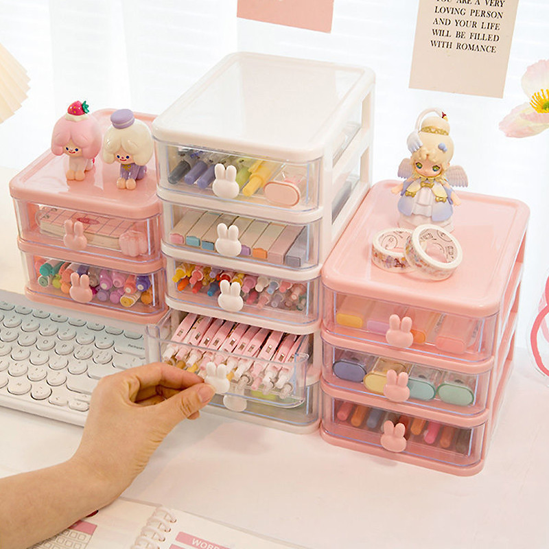 2/3/4/5 Layers Cute Rabbit Transparent Mini Drawer Storage Box Large ...