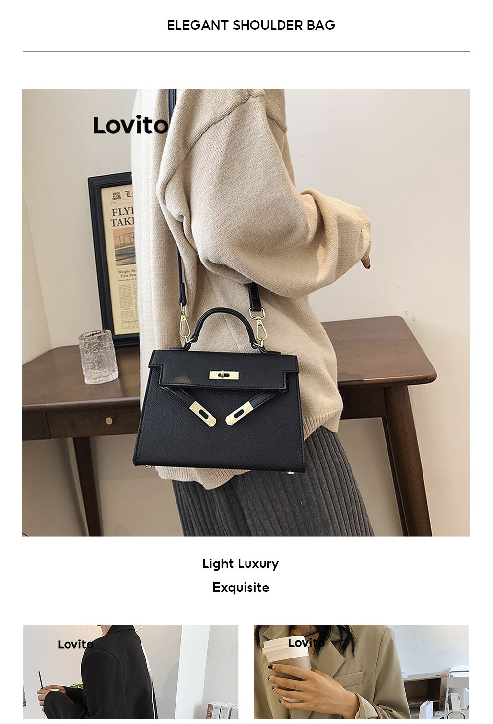 Lovito Elegant Plain Kelly Square Lock Light Luxury Small Shoulder Bag ...