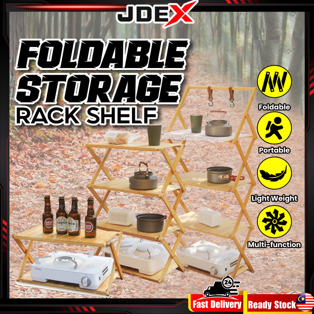 JDEX Outdoor Camping Multilayer Foldable Wood Shelf Portable Picnic ...