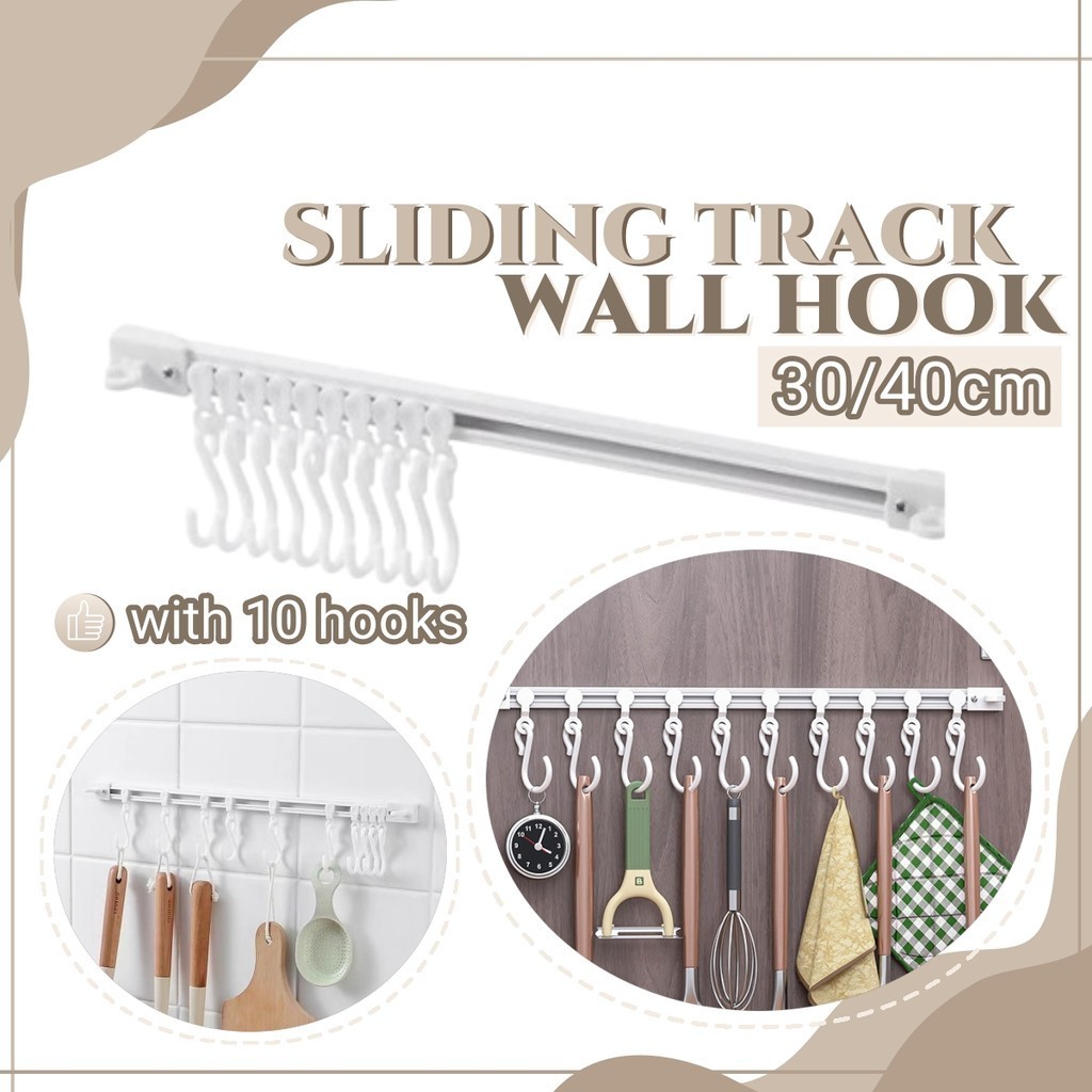 Sliding Track Wall Hook Long Row 10 S Hook Non-Punching Multifunction ...