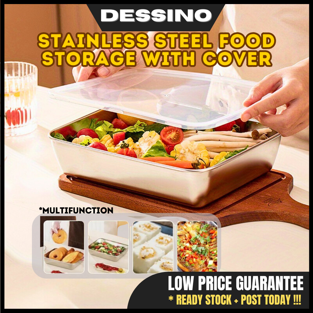 DESSINO Stainless steel thickened square plate tray with lid cover food ...