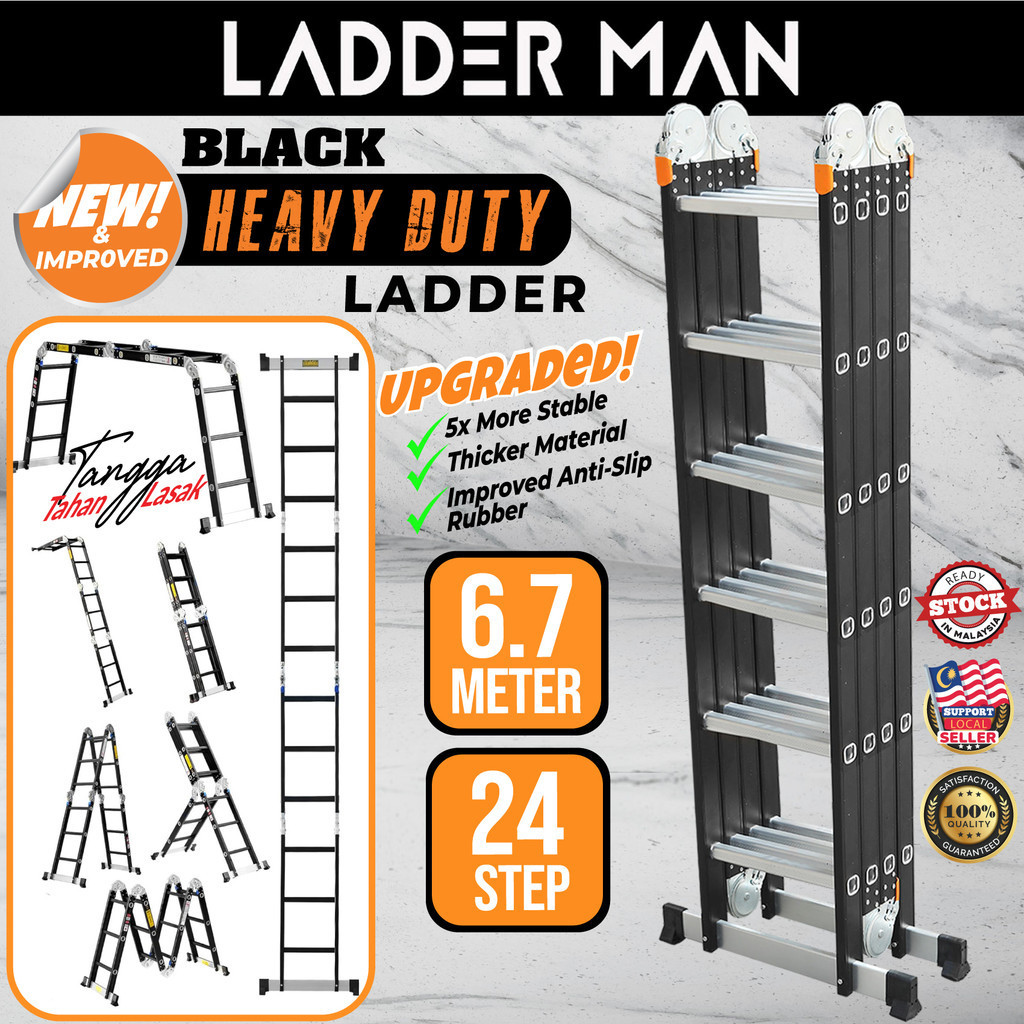 24 STEP (6.7M) HEAVY DUTY Black Aluminium Multipurpose Ladder Folding ...