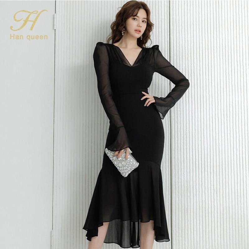 H Han Queen 2024 Spring Summer Dresses Elegant Korean Flare Sleeve ...