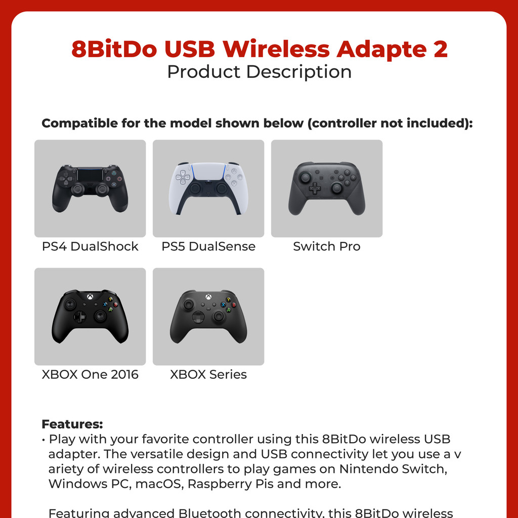 8BitDo USB Wireless Adapter 2 PS4 PS5 XBOX Series Switch Pro Controller ...