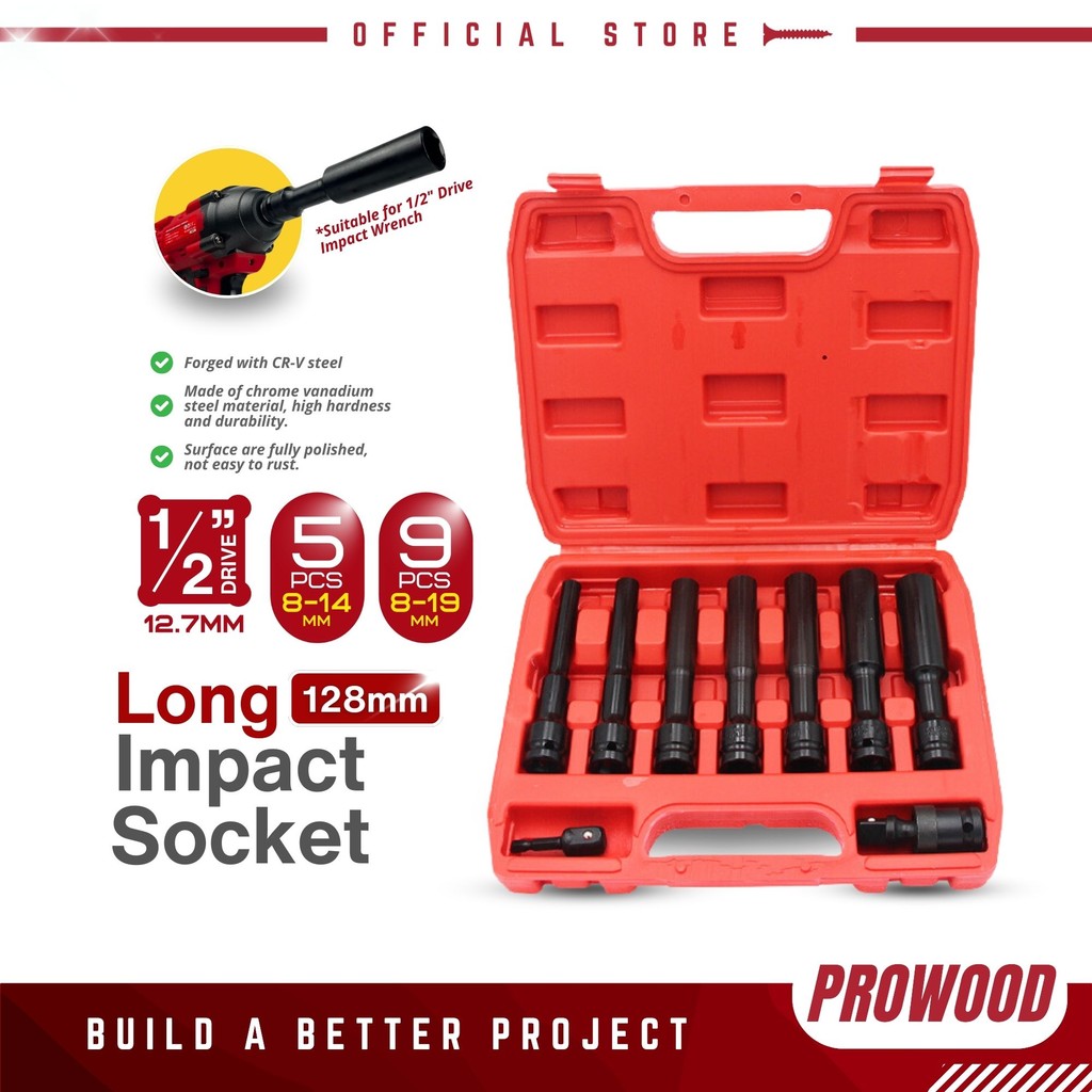 5 / 9 pcs 128mm Long Hex Impact Socket Set 8-14mm / 8-19mm Tools Hard ...
