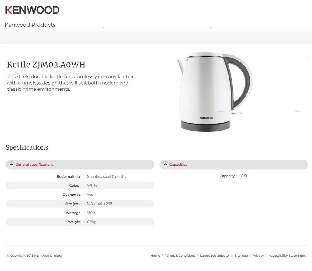 Kenwood ZJG112CL ZJM02A0WH JKM076 Water Kettle Modern Look 0.5L-1.7L ...