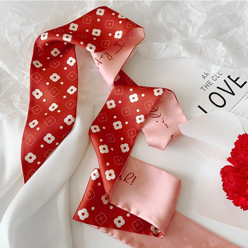 [Magpie] Red Long Silk Scarf for Women in Summer with Ribbons and ...