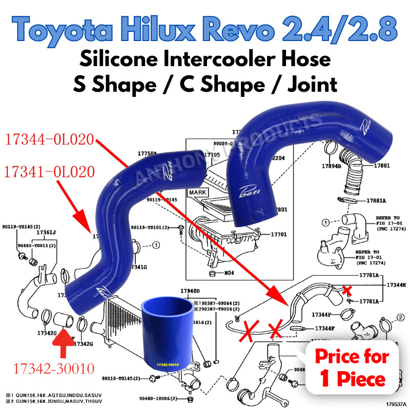 Toyota Hilux Revo 2.4 2.8 S Shape / C Shape Blue Silicone Hose Hilux