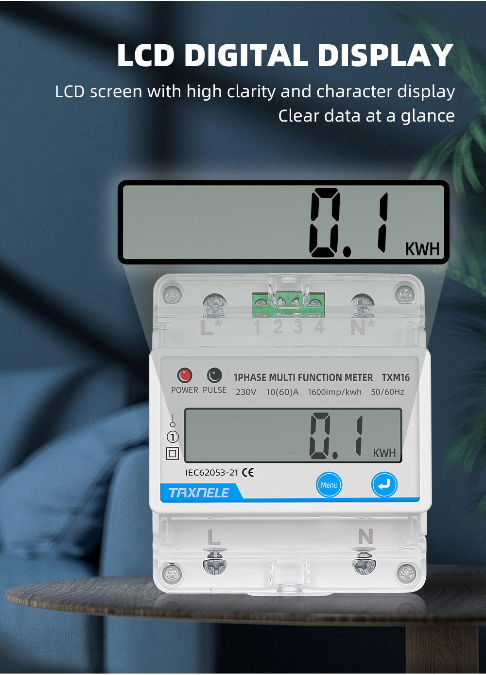 Din Rail Digital Power Energy Meter Single Phase 1P 2 Wire kWh AC 230V ...