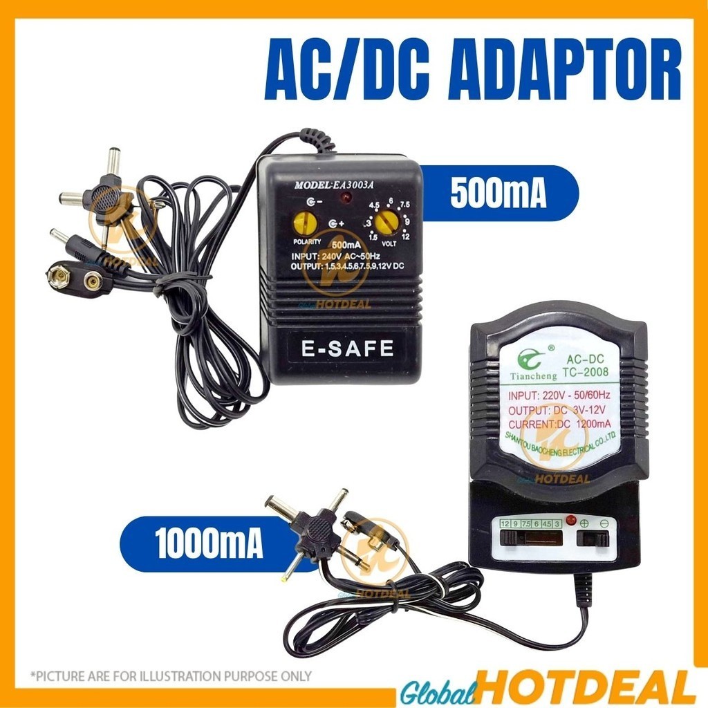 500mA/1000mA AC DC/AC to DC Converter Adapter Charger 3 pin plug 1.5V ...