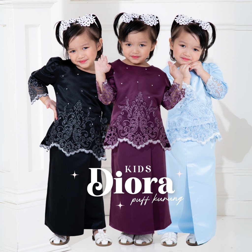 [NEESTYLE] DIORA KIDS • Baju Raya 2024 Baju Kurung Moden Puff Satin Lace Sedondon Ibu Anak Baju