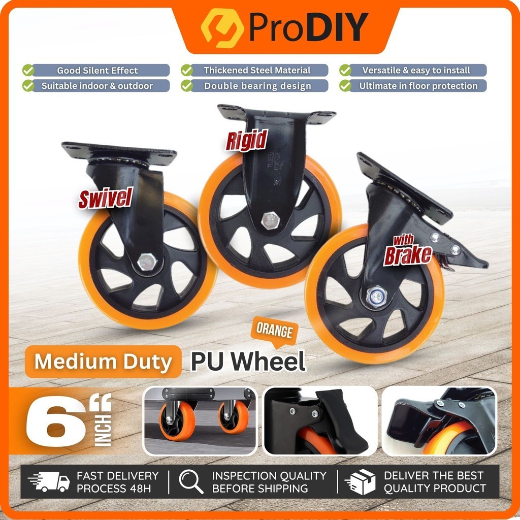 MEDIUM DUTY 6 INCH Caster PU Wheel Orange Rigid Swivel With Brake 360 ...