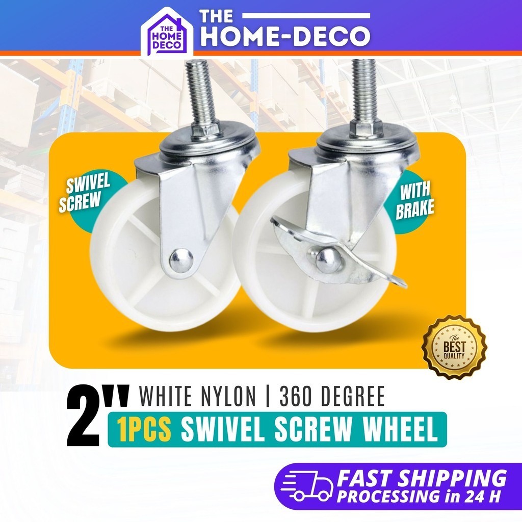 1 PCS 2 INCH Nylon Swivel Screw Wheel White Caster Roller With Brake ...