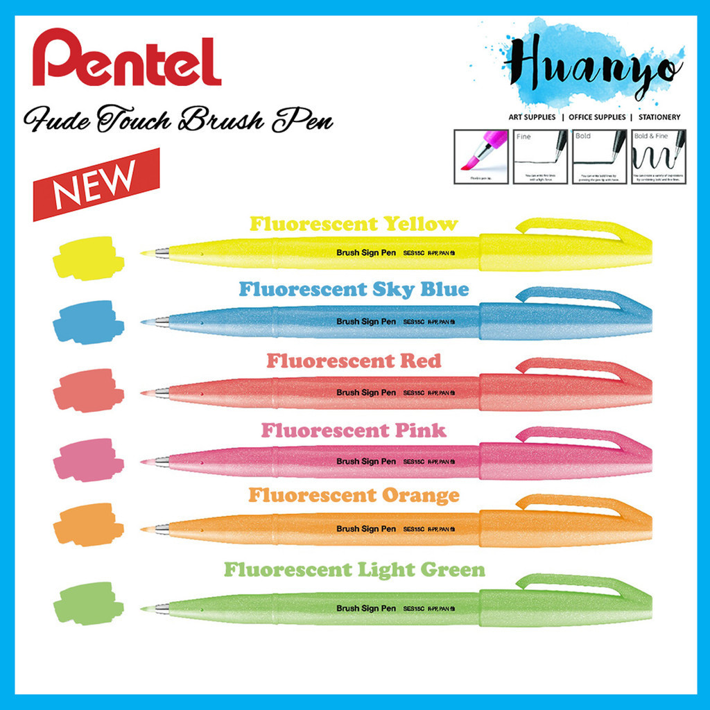 Pentel Fude Fluorescent Colour Touch Brush Sign Pen SES15C (For ...