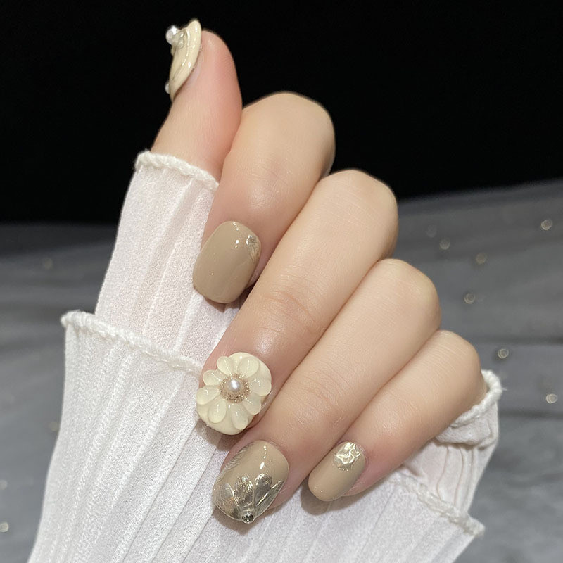 Delicate Elegant And Milk Tea Colored Nail Art With Hand-drawn Floral ...