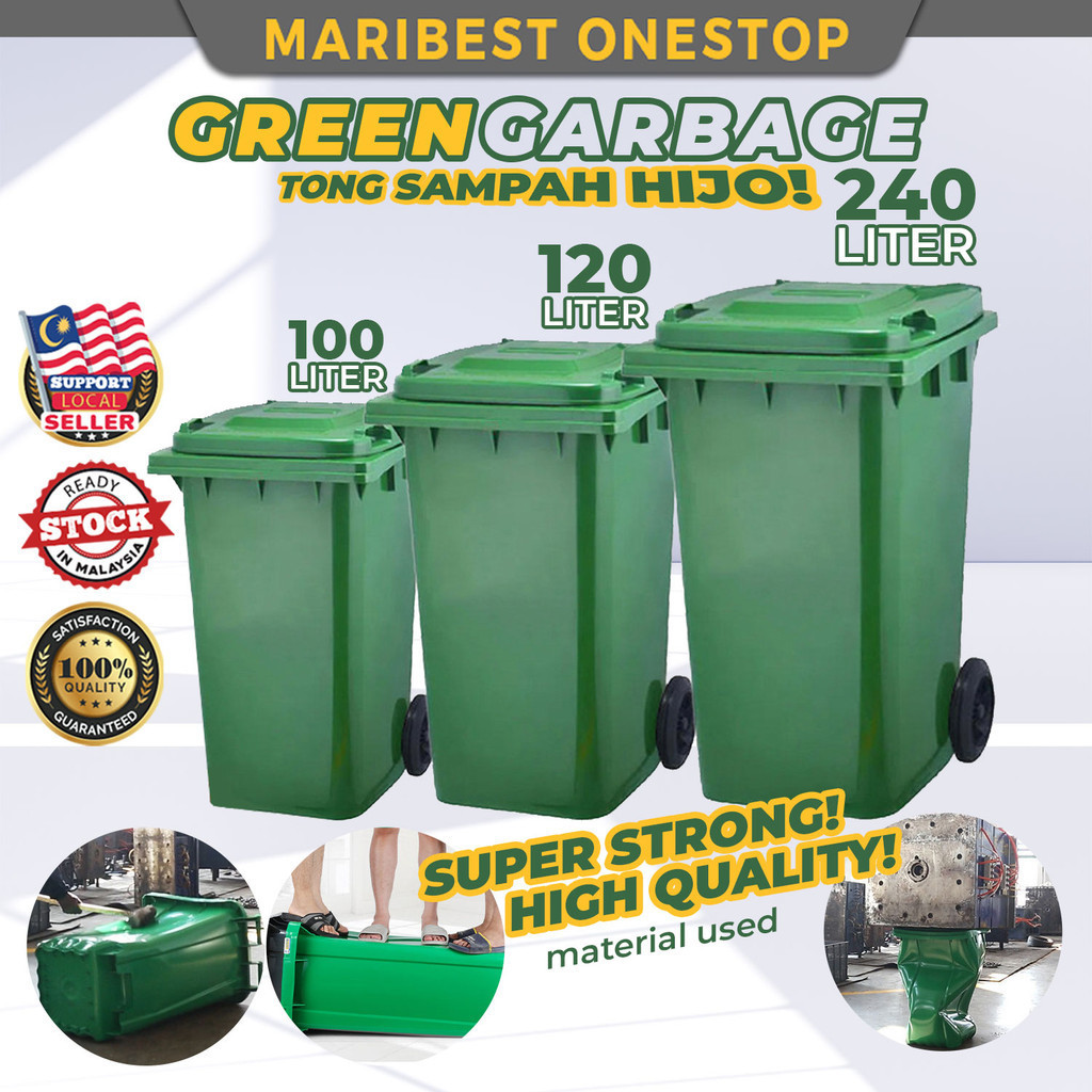 🔥 Tong Sampah Beroda Mobile Garbage Bin 240L 120L 100L 2 Wheel Green ...