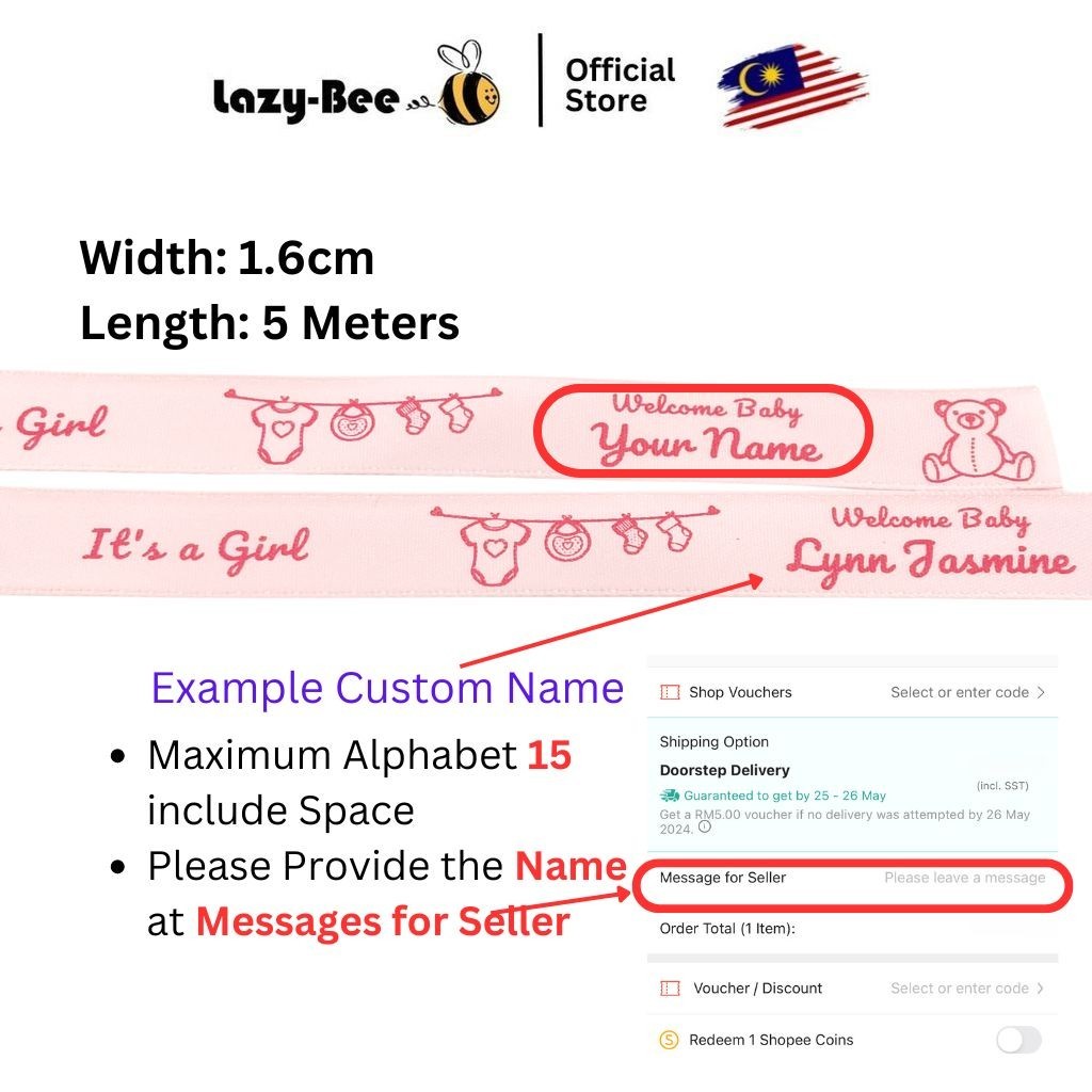 LAZY BEE 5 meters Welcome Baby Ribbons Cute Baby Shower Custom Print ...