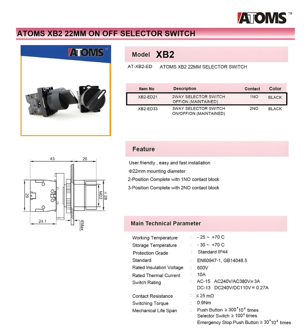 ATOMS XB2 22mm 2 Way On Off Selector Switch With 1N/O Contact Block 2 ...