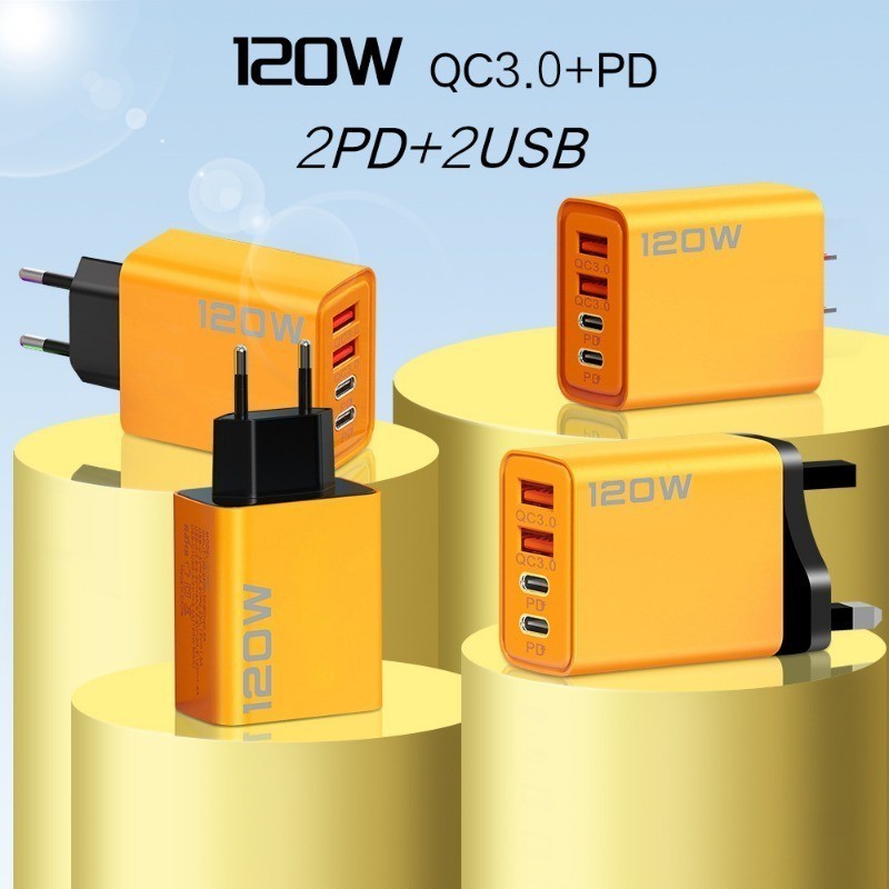 4-Port 120W Fast Wall Charger With USB-C & USB-A – Comes With EU, US, UK Plugs For Worldwide Use
