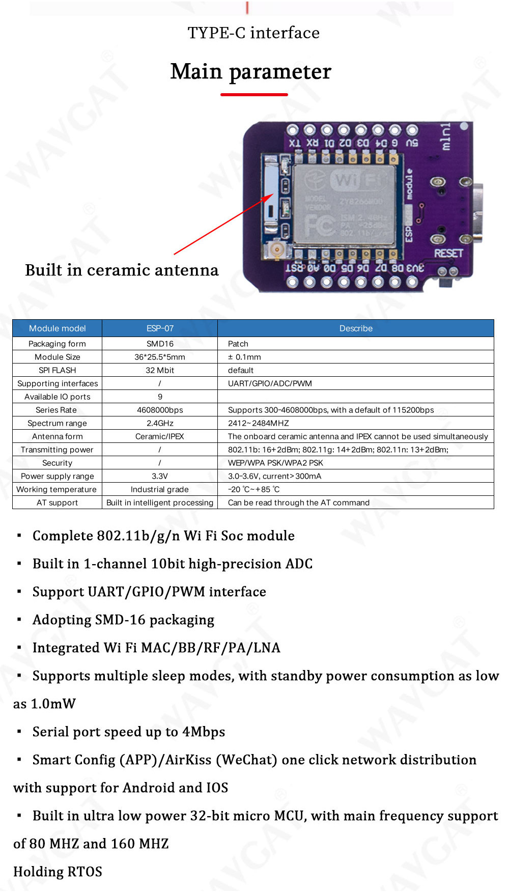 D1 Mini TYPE-C ESP8266 ESP-07/07S CH340G USB D1 Mini WIFI Development ...