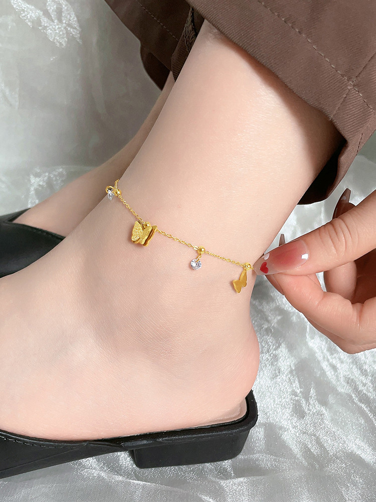 Stainless Steel Gold Butterfly Anklet Titanium Steel Diamond-inlaid Non ...