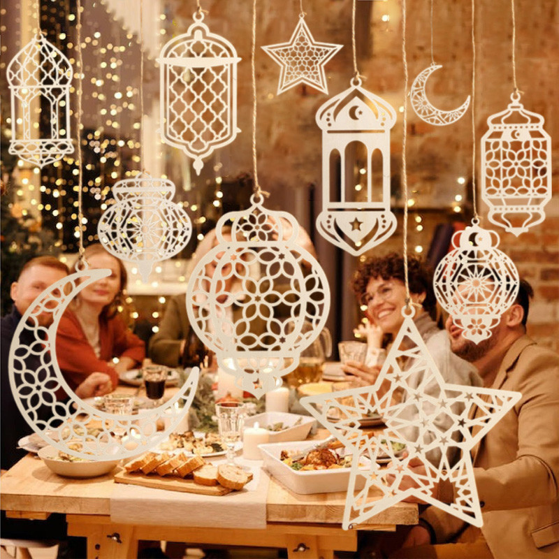 2pcs Hari Raya Wooden Hangings Retro Ramadan Ornament Hollow Star Moon ...