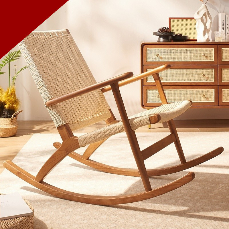 Rocking Rope Chair Room Living Woven Recliner Chair Backrest Solid Wood ...