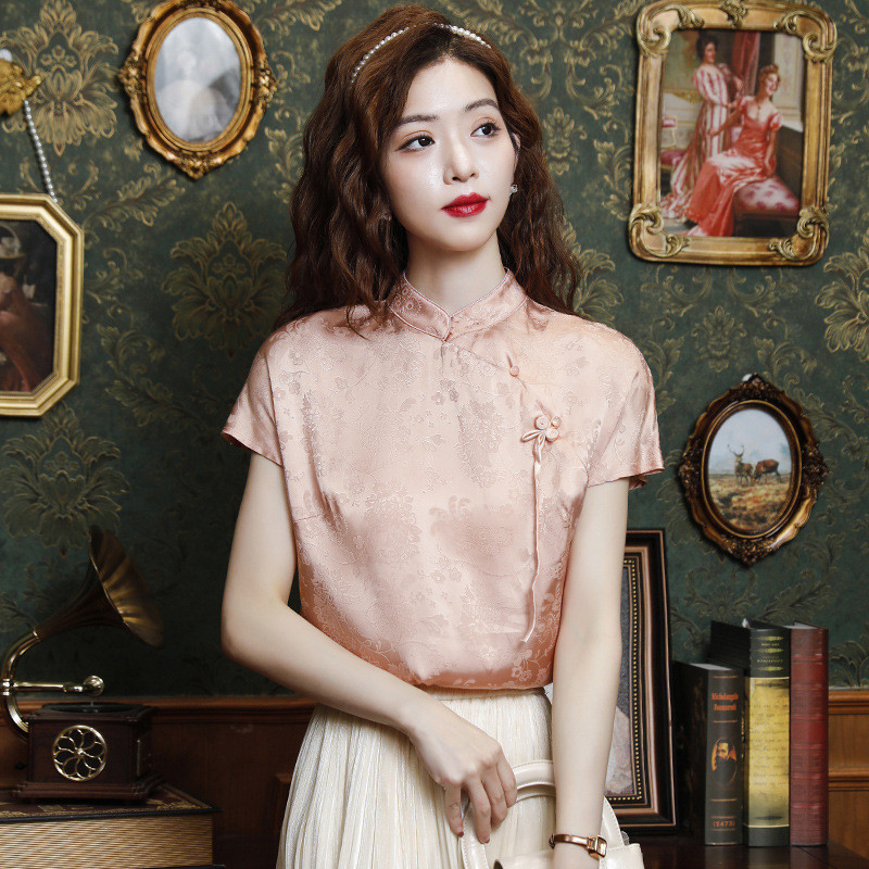 2024 New Diagonal Placket Blouse Women Chinese Style Floral Printing