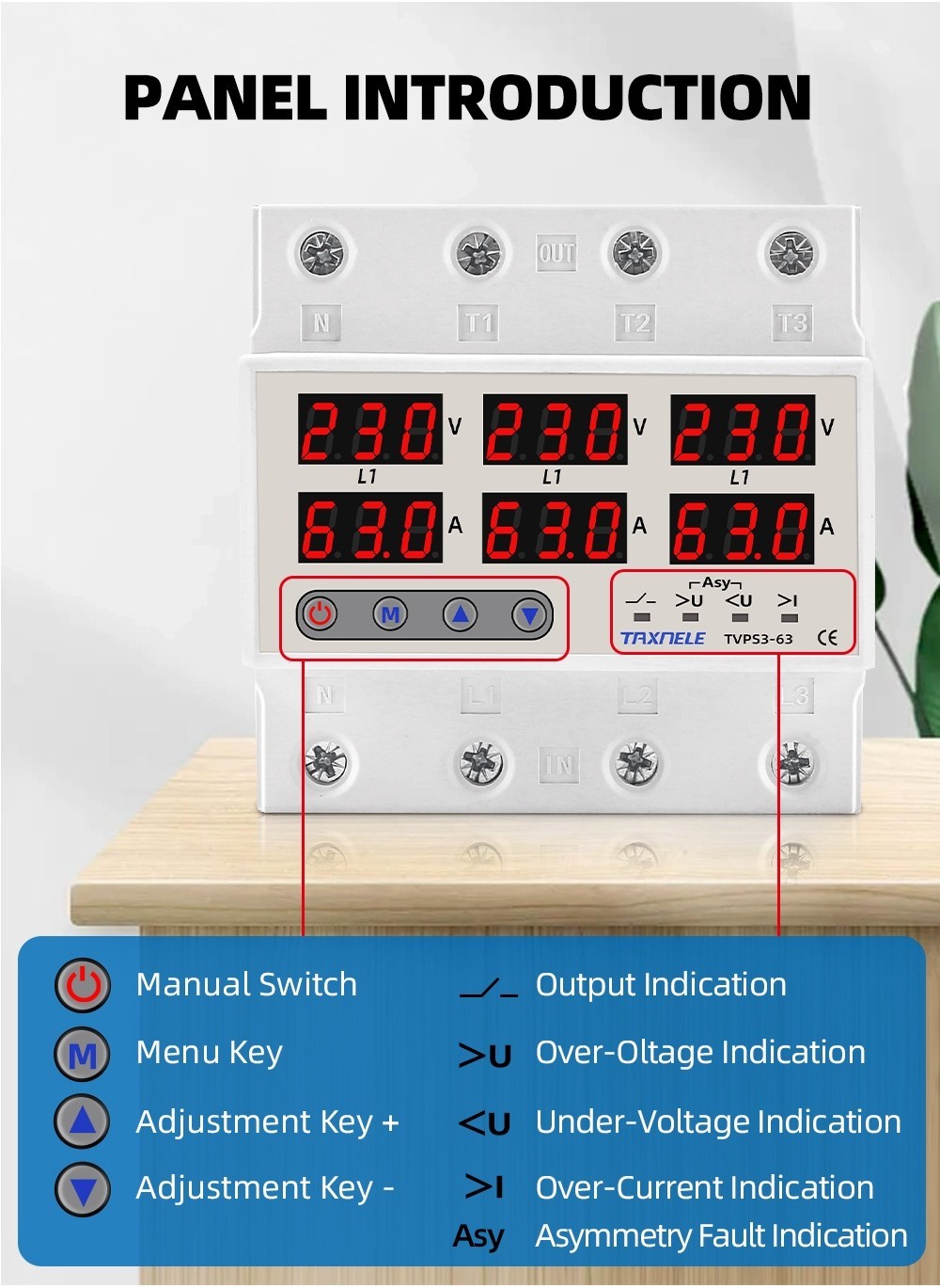 TAXNELE 3 Phase 230V 380V Adjustable Over Under Voltage Current Limit ...