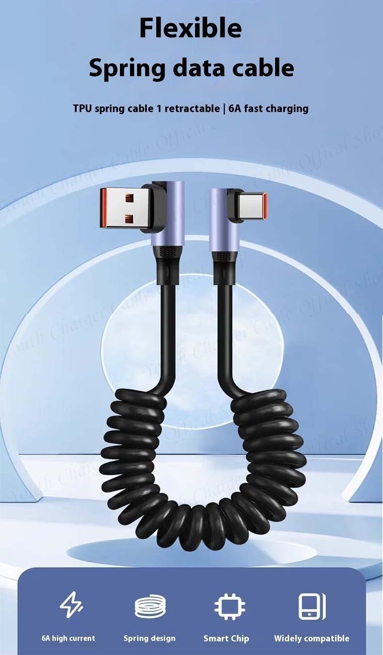 66W Fast Charging Car Data Cable 90 ° Elbow USB/C to Type C Spring ...
