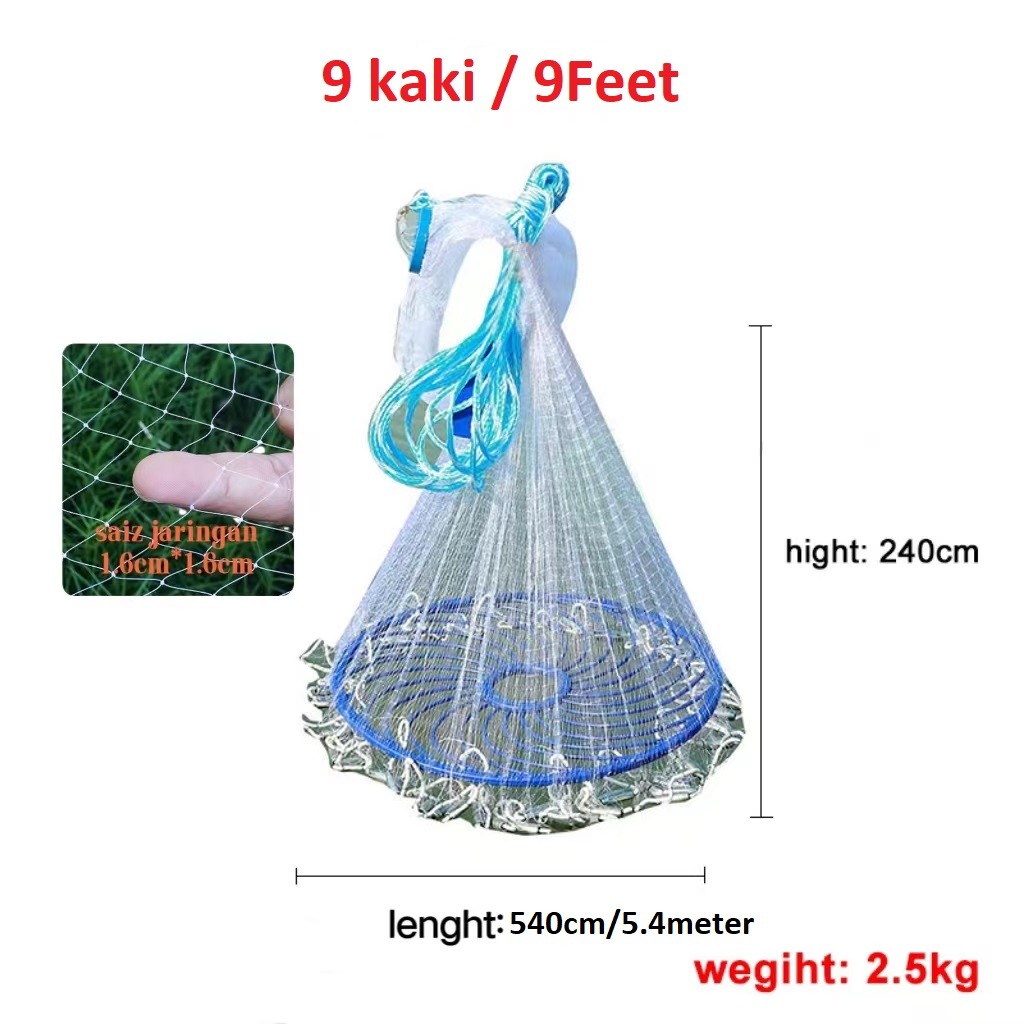 5/7/9/10 kaki Jala jaring ikan fishing net bubu ikan hand casting nylon ...