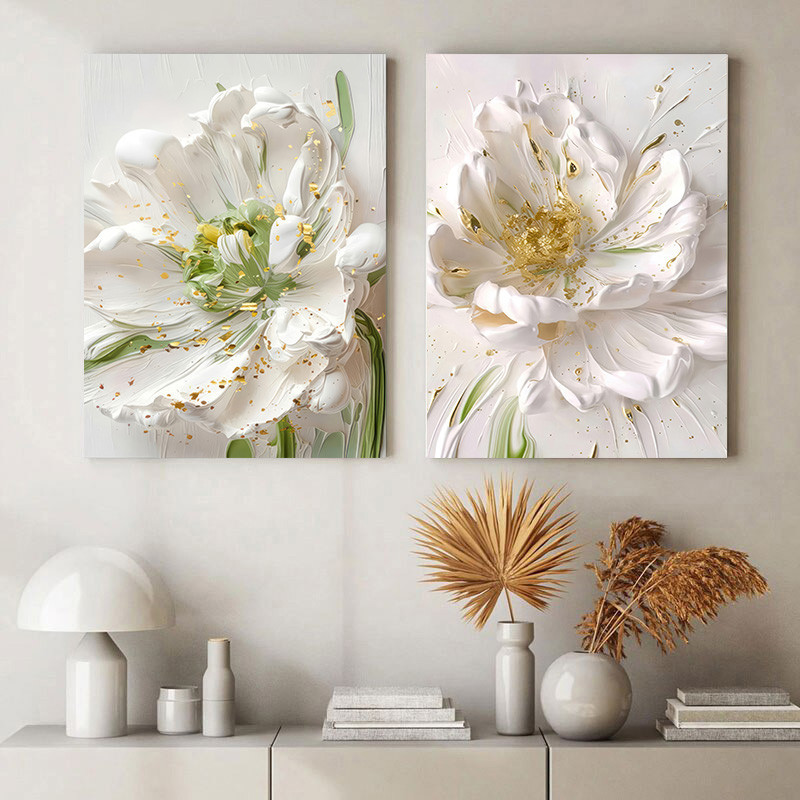 (With Frame）Nordian Poster White Floral Oil Painting Printed Canvas ...