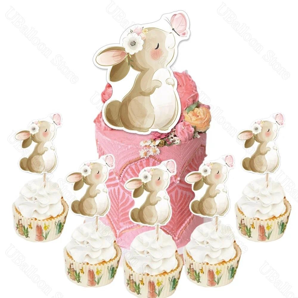 13Pcs Cute Rabbit Cake Toppers Pink Buterfly Rabbit Cupcake Stand ...