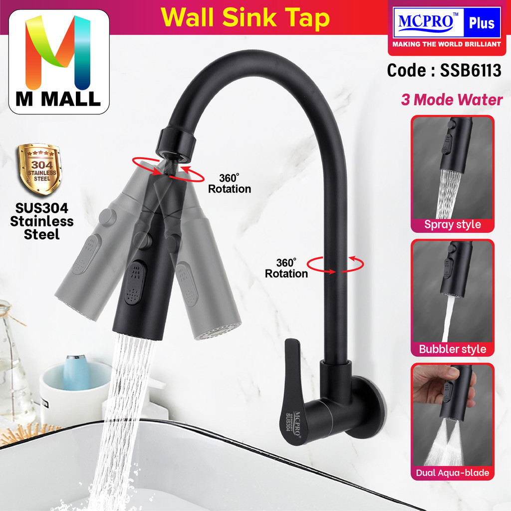 MCPRO SUS304 Stainless Steel Kitchen Faucet BLACK Wall Sink Water Tap ...